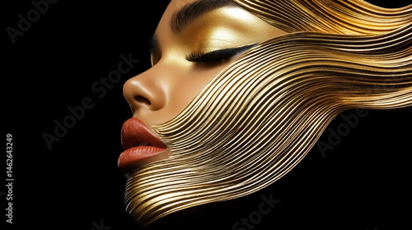 Fototapeta A close-up of a woman's face adorned with luxurious gold makeup and flowing gold metallic lines