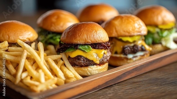 Fototapeta Mini Stacks & Crispy Sides, A Casual Feast in Focus