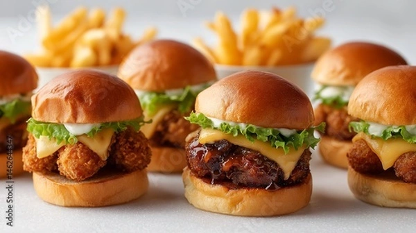 Fototapeta Overflowing with Flavor, Mini Burgers, Crispy Bites, and Fries Galore