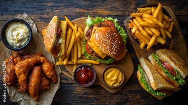 Fototapeta Rustic Table, Fast-Food Temptation, An Overhead Indulgence