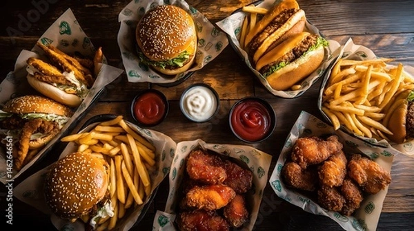 Fototapeta Stacked, Fried, and Sauced, A Feast for the Craving 