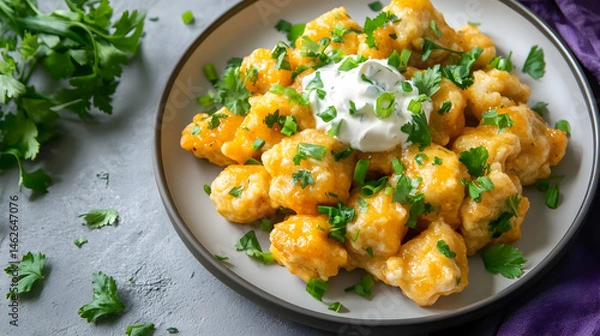 Fototapeta Cheddar cheese cauliflower bites topped with sour cream and fresh parsley on a plate
