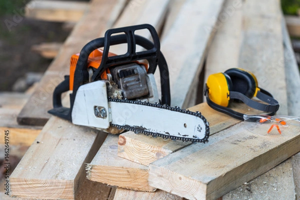 Fototapeta A chainsaw is on a wooden surface next to a pair of earplugs