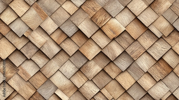 Fototapeta Wood-paneled wall,  a repeating pattern of square wooden tiles.  Each tile has a slightly different shade and grain