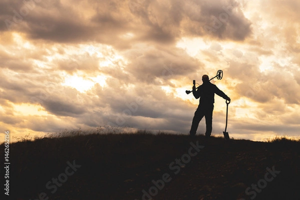 Fototapeta the silhouette of a man against the sunset, a metal detector slung over his shoulder