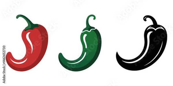 Obraz Red and green chili black color vector silhouette illustration isolated in white background, Three hot chili peppers on white Background, Assorted Fresh Red Chili Peppers Variety pro vector. 