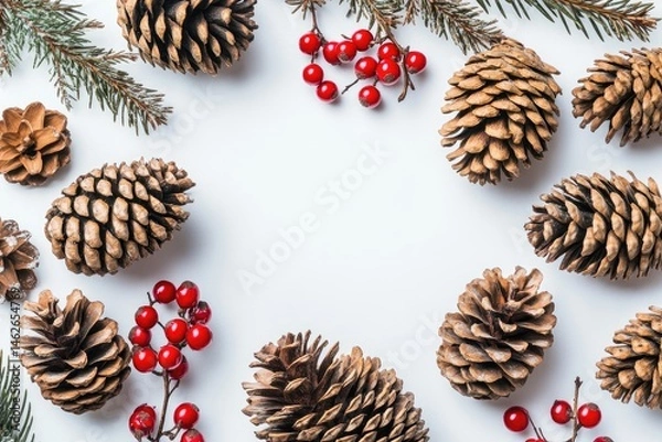 Fototapeta Christmas arrangement.  Dried pine cones and red berries arranged in a frame on a white background