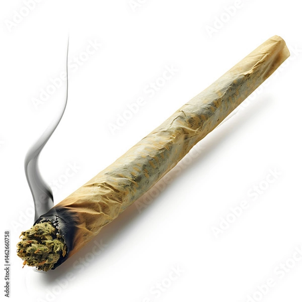 Fototapeta Rolled cannabis joint with burnt tip, realistic smoke detail, isolated on a white background