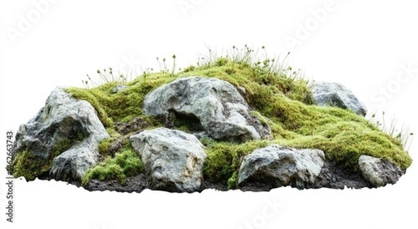 Fototapeta Moss-covered rocky outcrop isolated on white background.  A collection of various sized light gray stones are layered, 