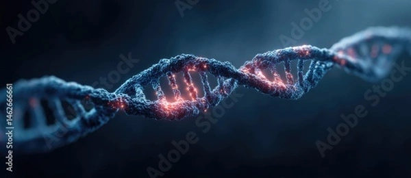 Fototapeta Abstract Dna Double Helix with Blue and Red Glowing Elements on Dark Backdrop Representing Advanced Science Technology Research and Innovation