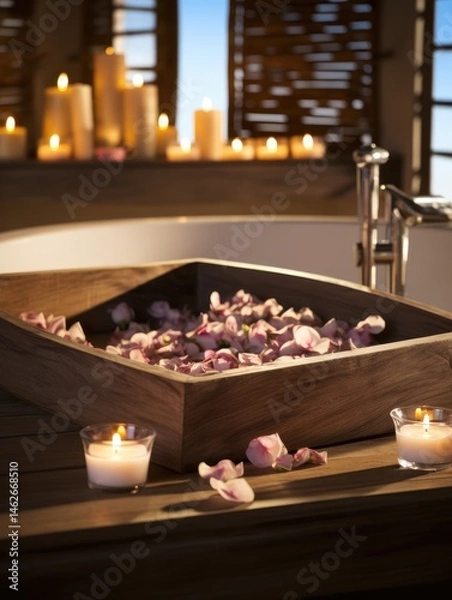 Fototapeta Aromatic spa room filled with rose petals and lit candles in a tropical setting