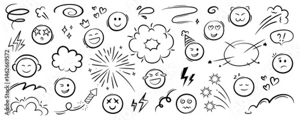 Fototapeta Comic doodle emoji face set with vector icon. Effect motion line element set including fireworks, lightning, stars, heart. Hand drawn sketch doodle action effect. 