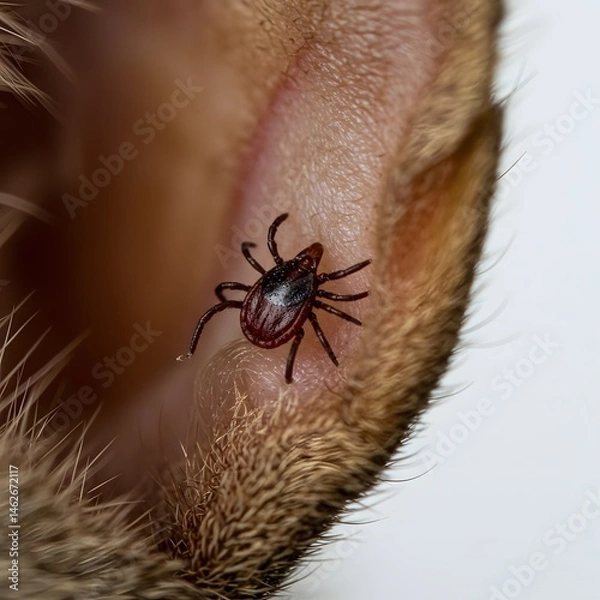 Obraz Cat ear with visible tick, macro close-up on white background