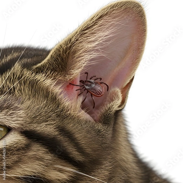 Obraz Tick biting cat ear, veterinary macro on white background