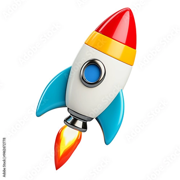 Fototapeta Cartoon rocket launching against transparent background. Red, yellow, blue, and white colors. Playful and dynamic illustration.