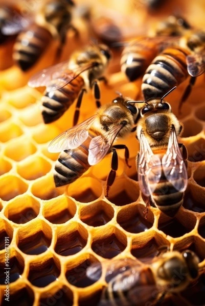 Fototapeta "Close up of bees on honeycomb in hive"