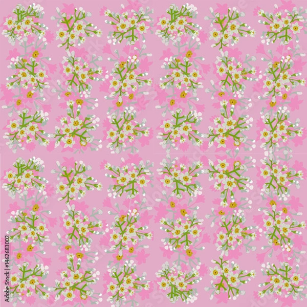 Fototapeta Sugary florals with delicate spring blossom seamless pattern with pink background and white flowers for fabric and decorative design
