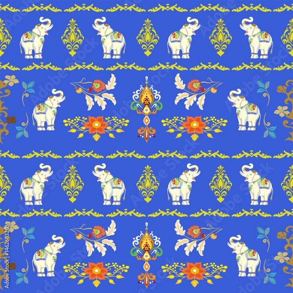 Fototapeta Damask flowers and animals seamless pattern with elephants for fabric and decorative design