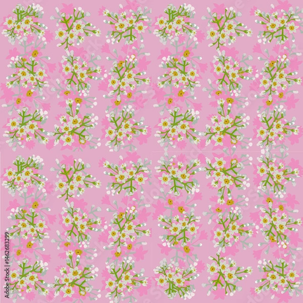 Fototapeta Sugary florals with delicate spring blossom seamless pattern with pink background and white flowers for fabric and decorative design