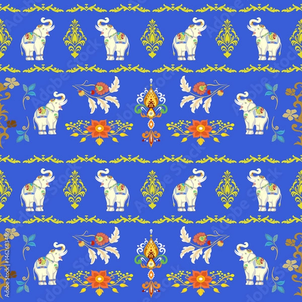 Fototapeta Damask flowers and animals seamless pattern with elephants for fabric and decorative design