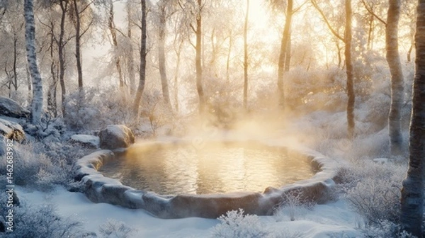 Fototapeta 'Tranquil forest scene at dusk with a serene pond'