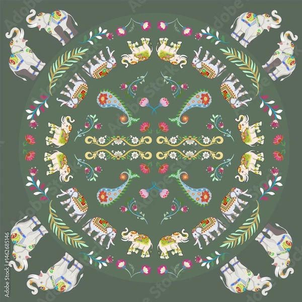 Fototapeta Damask flowers and animals seamless pattern with elephants for fabric and decorative design