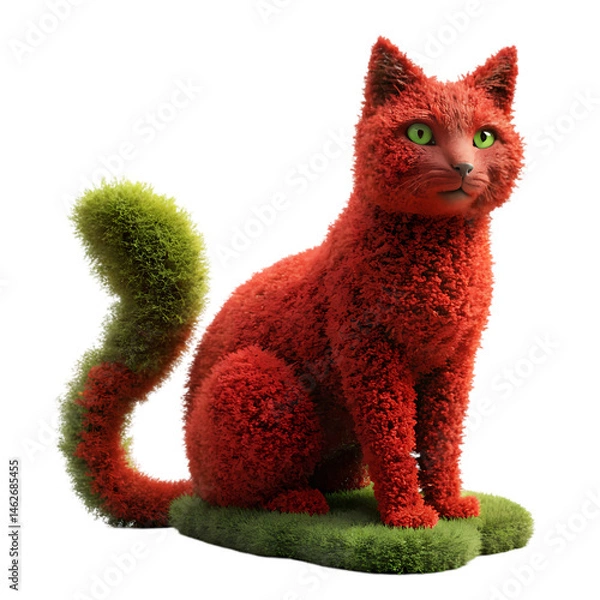 Obraz Red Moss Cat Statue Unique Garden Decor Artistic Cat Figurine Moss Art Sculpture isolated on transparent background