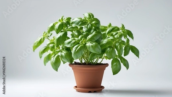 Fototapeta Green basil herb in a pot with white background for cooking and health