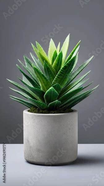 Fototapeta A small vibrant green succulent plant sits potted in a simple minimalist gray concrete container against a seamless soft gray studio background providing calm focus.