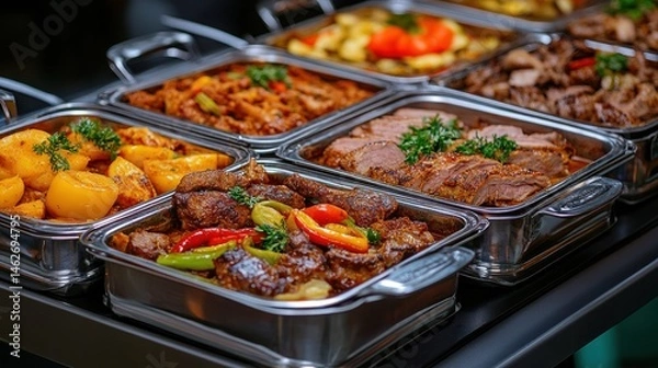 Obraz Assorted food dishes in chafing dishes buffet catering restaurant cuisine