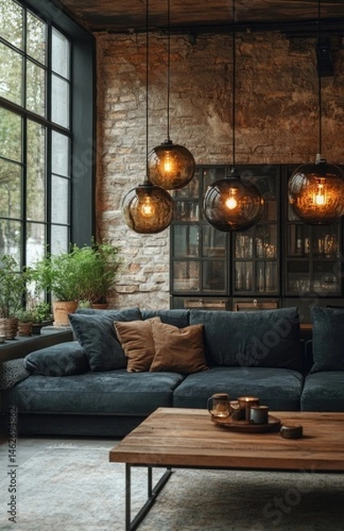 Fototapeta Modern living room, sectional sofa, glass pendants, exposed brick, plant