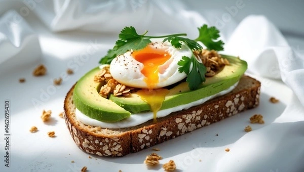 Fototapeta Healthy avocado toast with poached egg on whole wheat bread, isolated on white background