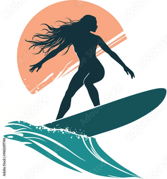 Fototapeta Surfer girl showcasing balance and strength while riding a massive wave, with a scenic ocean background and colorful sunset
