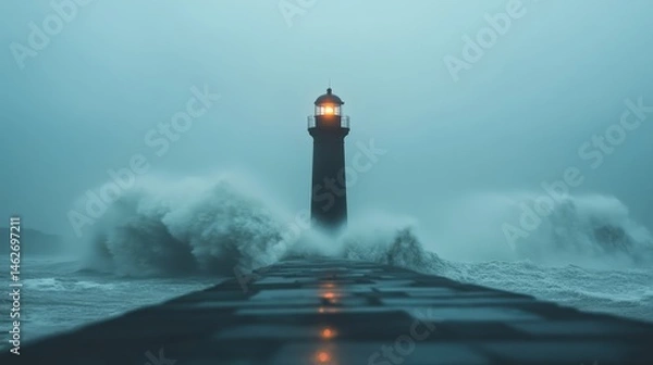 Obraz Lighthouse During a Storm with Powerful Waves and Dramatic Sky, Sea Navigation Concept, Moody Weather Background with Copy Space