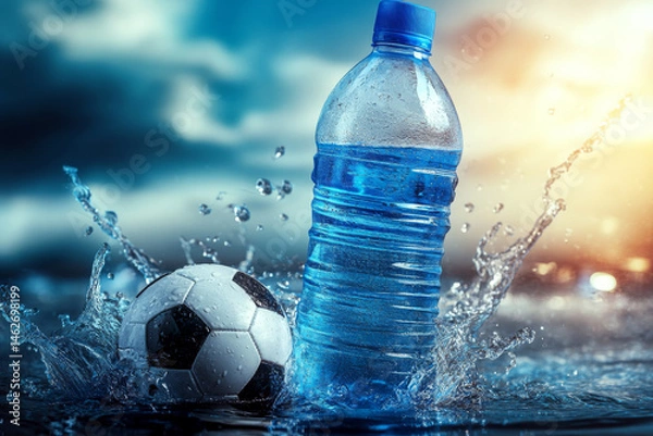 Fototapeta A water bottle and soccer ball splash in water with a blurred sky background. Concept of sport and hydration. For sports promotion.