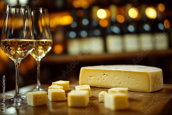 Fototapeta Two wine glasses and cheese are on a wooden table with a blurred background. Concept of wine and cheese pairing. For culinary content.
