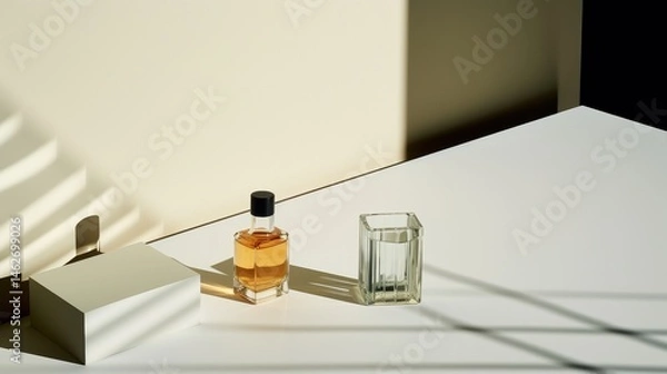 Fototapeta Sunlit table with two glasses and bottles of liquid, all set against soft shadows