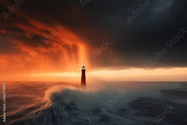 Fototapeta Lighthouse During a Storm with Powerful Waves and Dramatic Sky, Sea Navigation Concept, Moody Weather Background with Copy Space