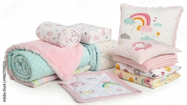 Fototapeta Delightful collection of cute baby bedding features soft textures and playful designs on a white background