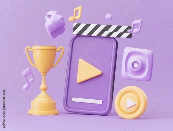 Fototapeta "A playful scene of modern technology, trophy, and other playful elements set against purple backdrop