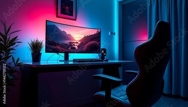 Fototapeta Modern gaming setup featuring curved monitor and aesthetic rgb lighting design