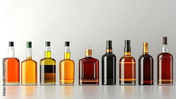 Obraz Variety of liquor bottles clear glass amber and brown colors row arrangement