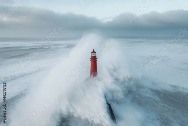 Fototapeta Lighthouse During a Storm with Powerful Waves and Dramatic Sky, Sea Navigation Concept, Moody Weather Background with Copy Space