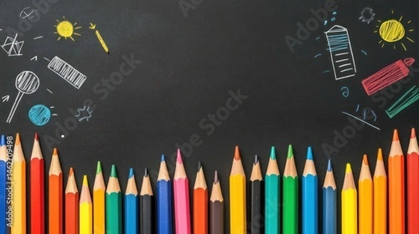 Obraz Colorful pencils and childlike drawings on blackboard back to school concept