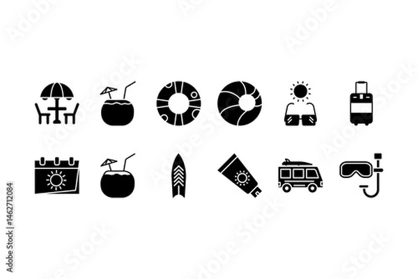 Fototapeta summer icon set. Including action, backpack, glasses, ball, coconut, surf, van and More. Outline icon vector collection.