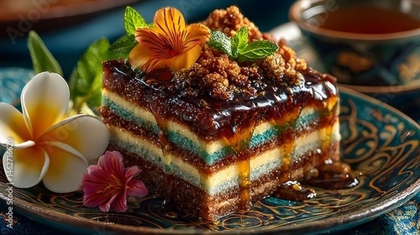 Obraz Highly Detailed Realistic Portrait of Sarawak Layer Cake Showcasing Meticulous Layer Interplay and Rich Cultural Malaysian Heritage with Cinematic Ambiance