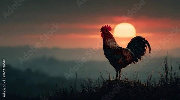 Obraz A detailed artistic representation of a rooster silhouetted at sunrise with rich warm hues and subtle shadows in a tranquil country setting