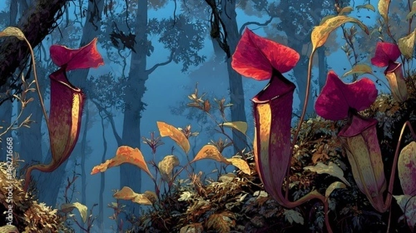 Obraz Vibrant and Detailed Rendering of Tropical Nepenthes Bicalcarata Pitcher Plant Amid a Scenic National Park Environment with Rich Botanical Texture
