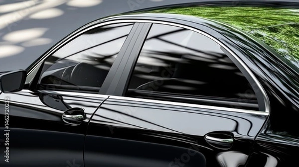 Obraz Sleek black car side profile tinted windows sunlight reflection