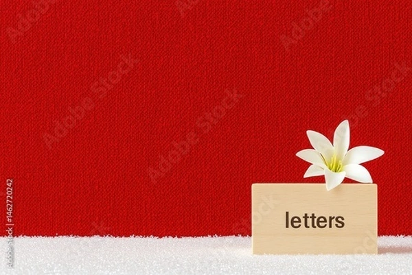 Fototapeta Simple wooden plaque with the word letters sits on a bed of white snow against a deep red backdrop. A single white flower is beside the plaque